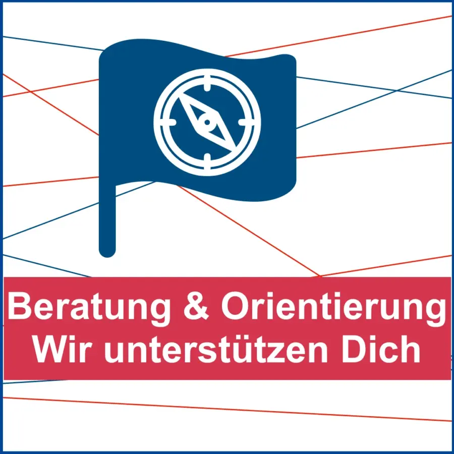 Das Bild zeigt als Grafik eine Fahne in den Farben des ALN. Auf der Fahne ist ein Kompass (Icon) sichtbar. Text: "Beratung und Orientierung. Wir unterstützen Dich.".