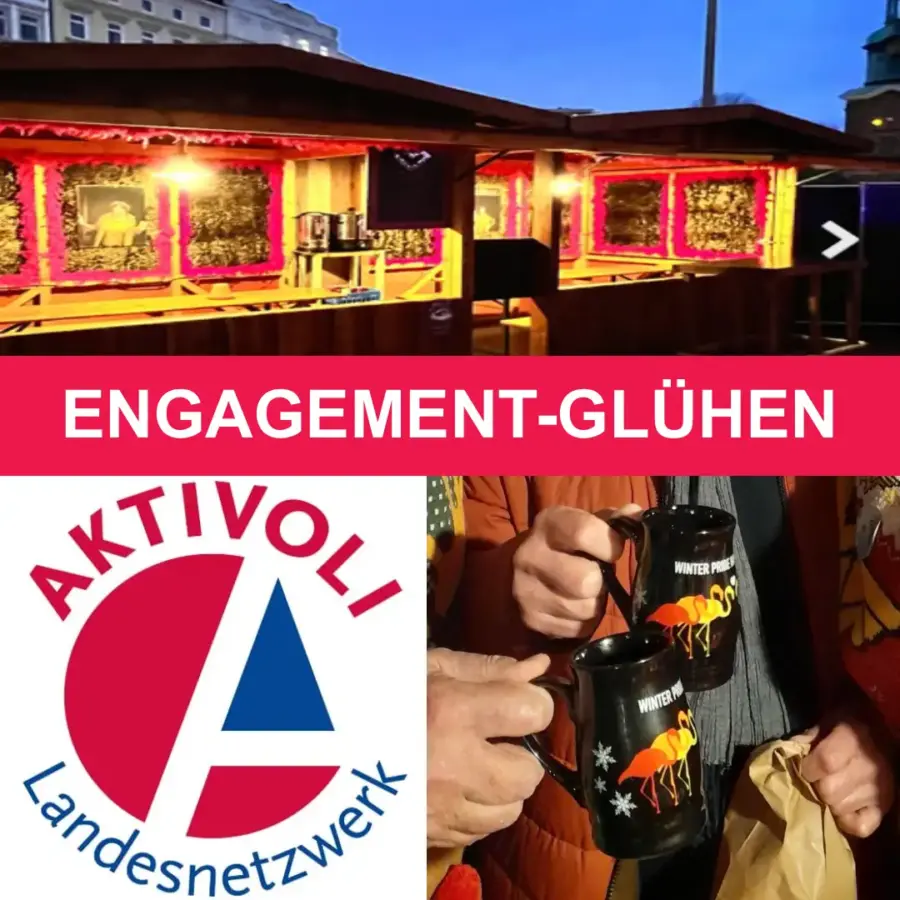 Das Bild zeigt eine Hütte auf einem Weihnachtsmarkt. Darunter zwei Hände, die jeweils einen Becher Glühwein in der Hand halten. Unten links das Logo des ALN.