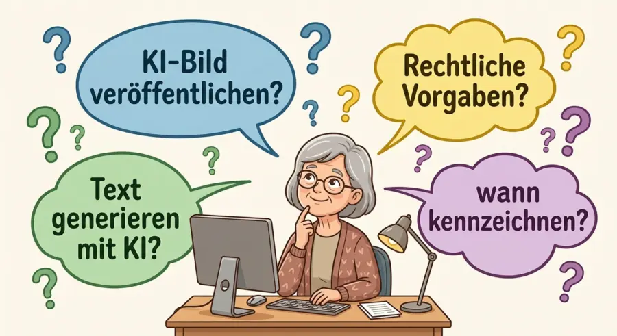 Gezeichnetes Bild einer älteren Person, die am Schreibtisch sitzt und denkend in die Luft schaut. Um sie herum lauter Sprechblasen mit Fragen rund um die Kennzeichnungspflicht: KI-Bild veröffentlichen? Rechtliche Vorgaben? Text generieren mit KI? Wann kennzeichnen?