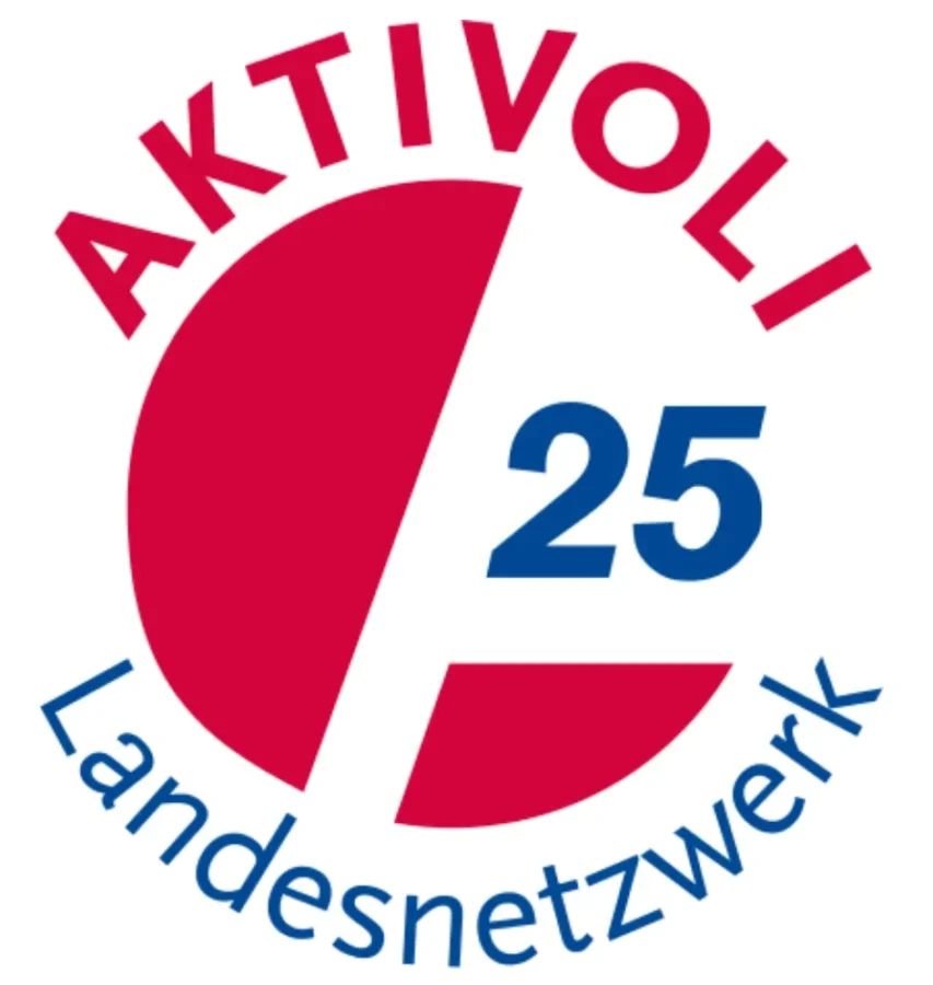 Bild zeigt in den Farben rot, blau, weiß das Logo des "Aktivoli Landesnetzwerks Hamburg" mit einer integrierten Zahl "25". ".
