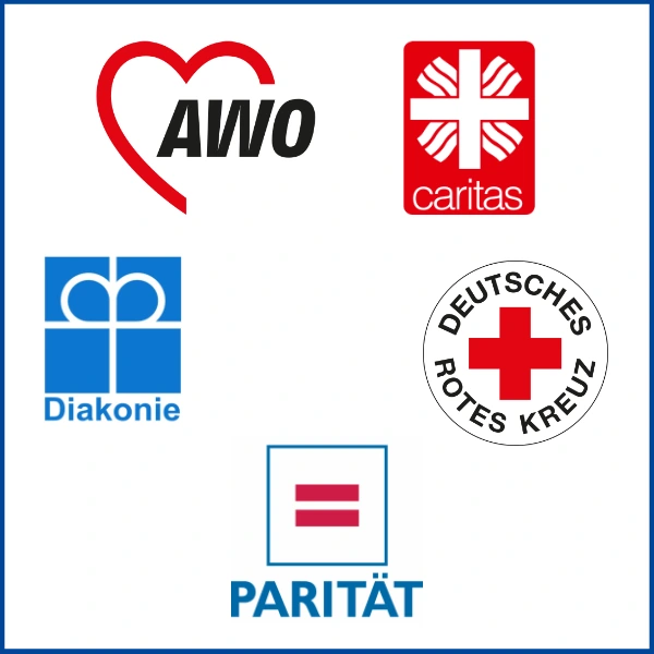 Das Bild zeigt die Logos der Wohlfahrtsverbände: Awo, Caritas, Diakonie, DRK und Parität.