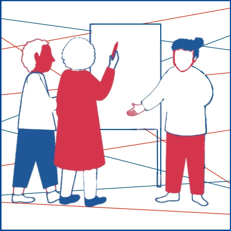Bild zeigt drei skizzierte Figur in den AKTIVOLI-Farben rot und blau, die vor einem Flip-Chart stehen. Im Hintergrund mehrere blaue und rote Linien, die ein Netz(werk) ergeben).