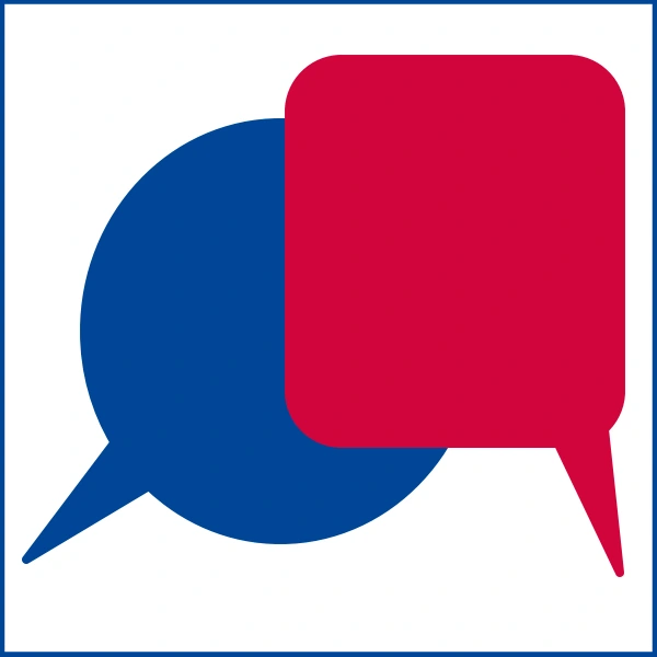 Das Bild zeigt zwei große Sprechblasen. Links in blau und rechts in rot.
