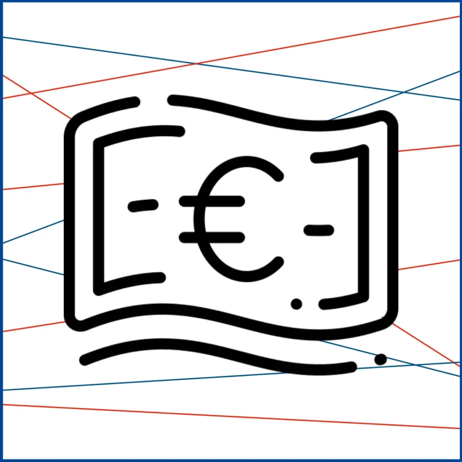 Bild zeigt einen skizzierten Euro-Geldschein (Banknote). Im Hintergrund mehrere blaue und rote Linien, die ein Netz(werk) ergeben).
