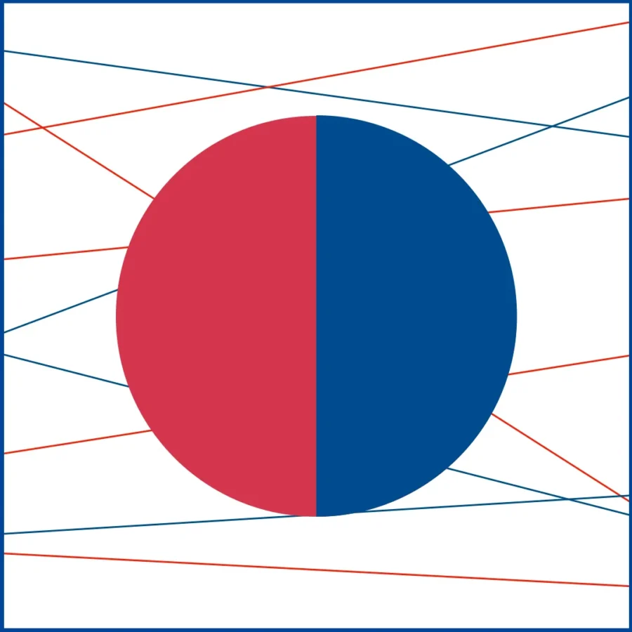 Bild zeigt einen Kreis. Die linke Hälfte des Kreises ist rot und die rechte Häfte ist blau. Im Hintergrund mehrere blaue und rote Linien, die ein Netz(werk) ergeben).